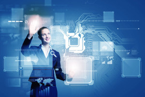woman with digital screens