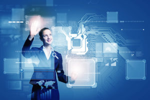 Woman analyzing technology services data.