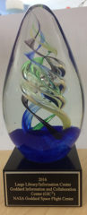 Hand Sculpted Glass Trophy for 2016 Federal Library of the Year Award presented to NASA Goddard Library