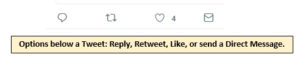 Options below a Tweet are icons: a word bubble for Reply, two arrows for Retweet, a heart for Like, or and envelope for send a Direct Message.