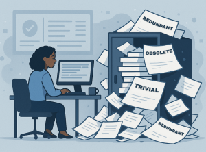 An image of a woman at her desk next to an unorganized cabinet file with files falling out labelled Redundant, Obsolete, and Trivial.